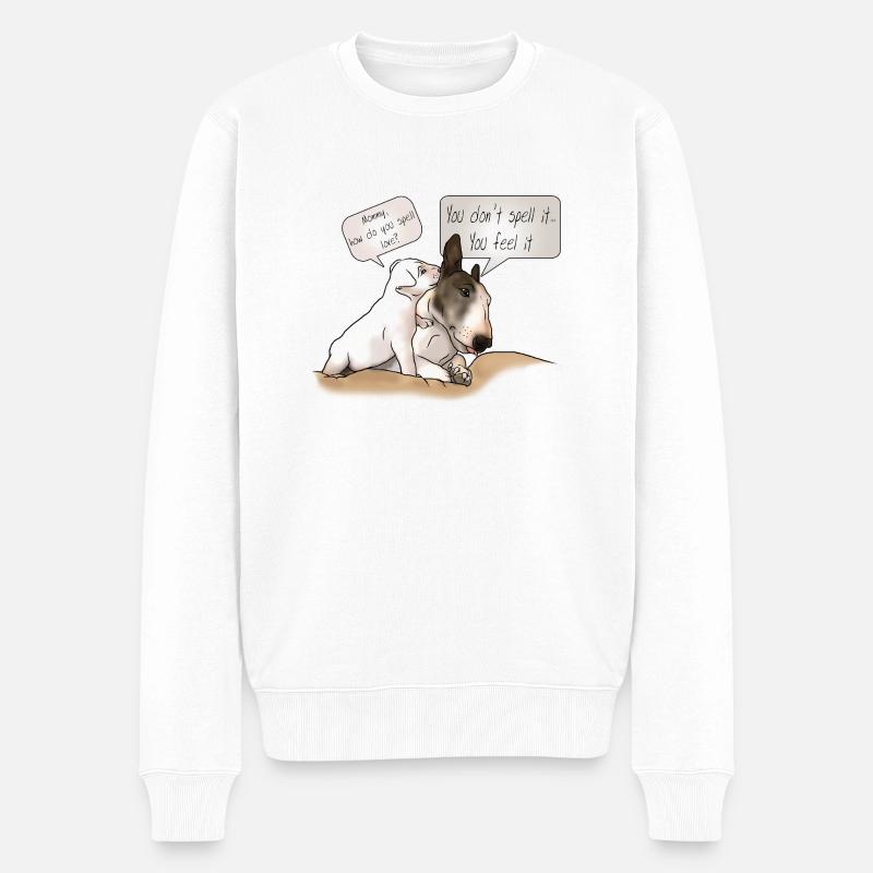 "How to spell love" Bullterrier mit Welpe - Männer Premium Bio Pullover - Weiß