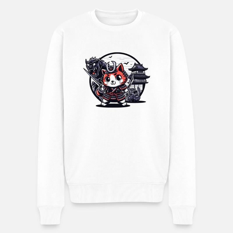 Samurai-Ninja-Katze hinter Monster und Dojo - Männer Premium Bio Pullover - Weiß