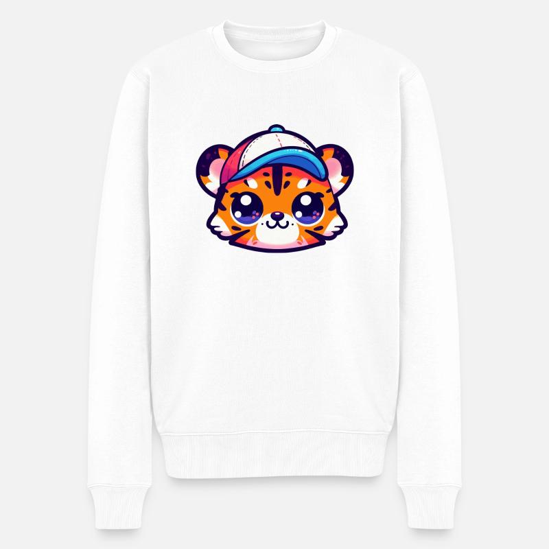 Tiger Baby Kopf mit Mütze - Männer Premium Bio Pullover - Weiß