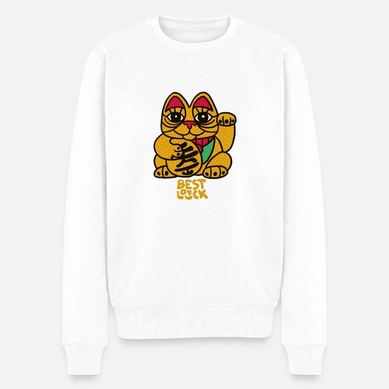 Lucky Cat - Männer Premium Bio Pullover - Weiß