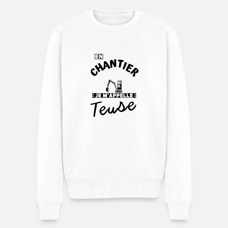 En chantier, je...pelleteuse. Humour construction - Pull Premium bio Homme - blanc
