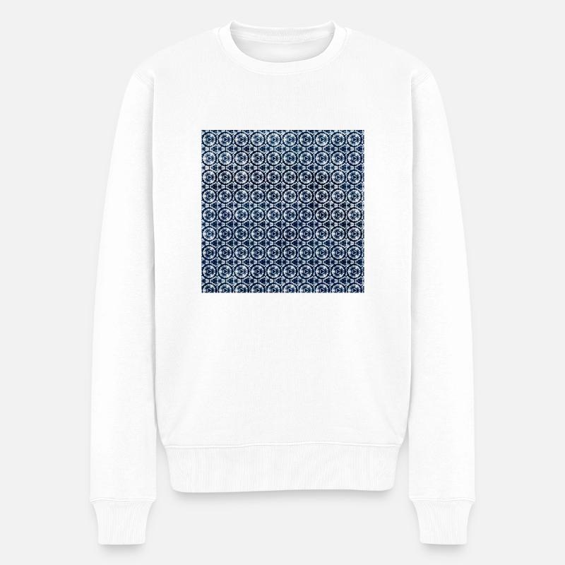 Dunkel Blau Weiss Tie Dye Textile Muster - Männer Premium Bio Pullover - Weiß