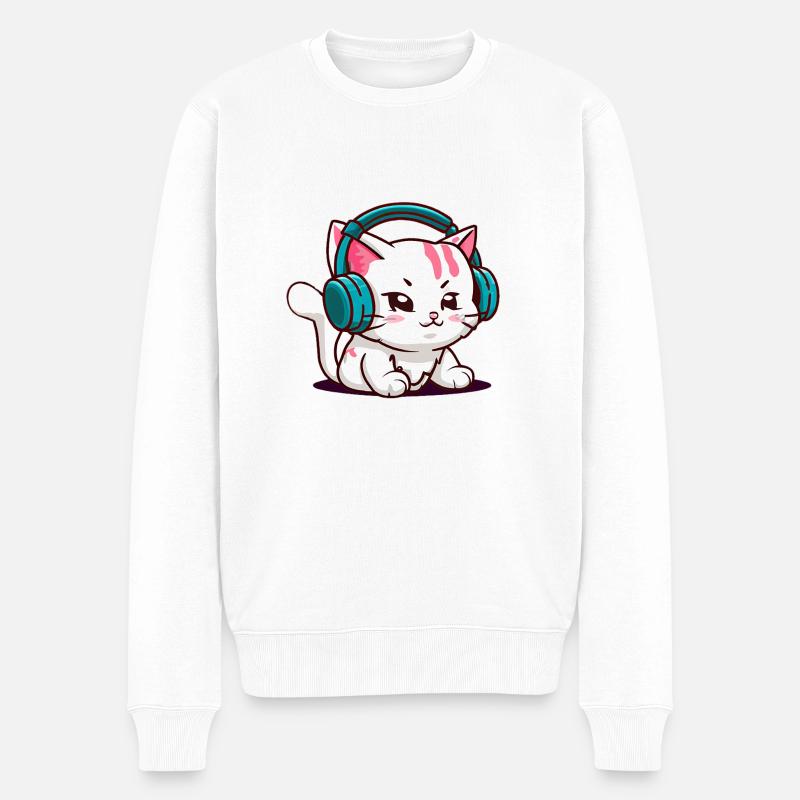 Süße Katze trägt Kopfhörer - Männer Premium Bio Pullover - Weiß