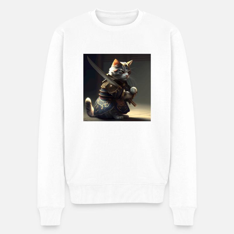 Cat Samurai with Sword - Männer Premium Bio Pullover - Weiß