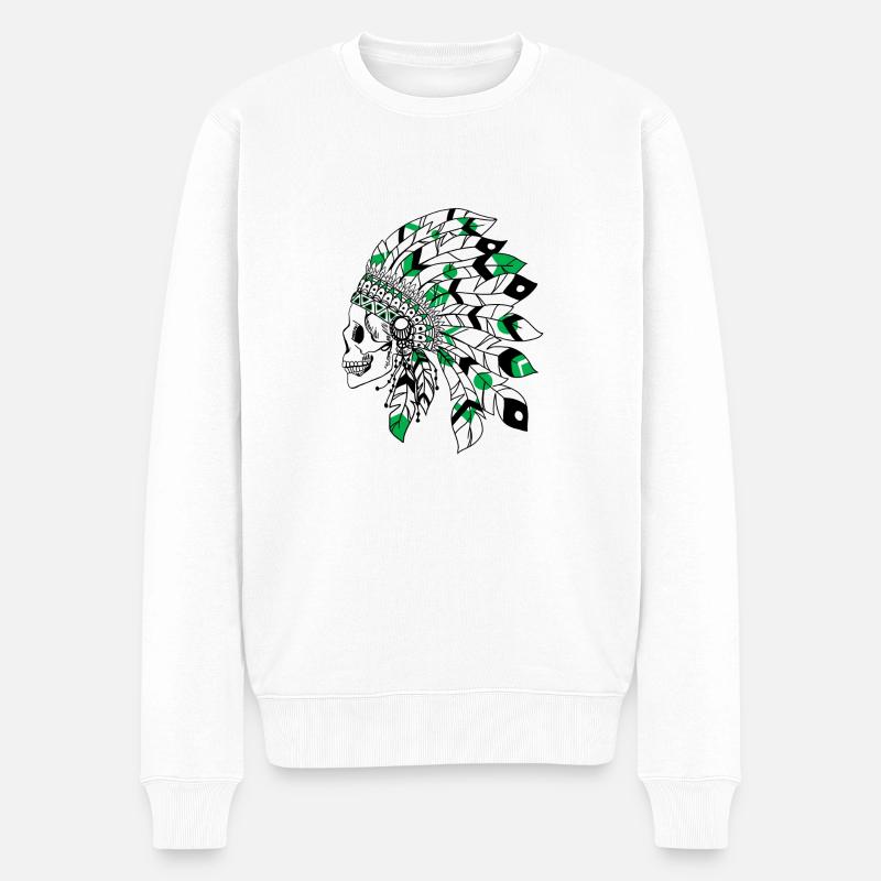 Totenkopf mit schwarz-grünem Indianerkopfschmuck - Männer Premium Bio Pullover - Weiß