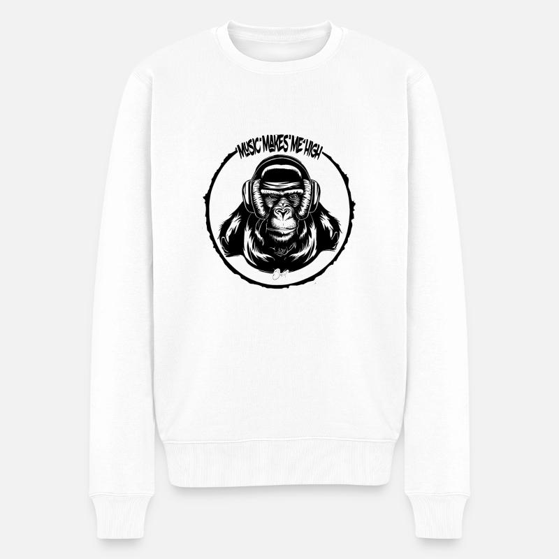 Music makes me high Monkey - Pull Premium bio Homme - blanc