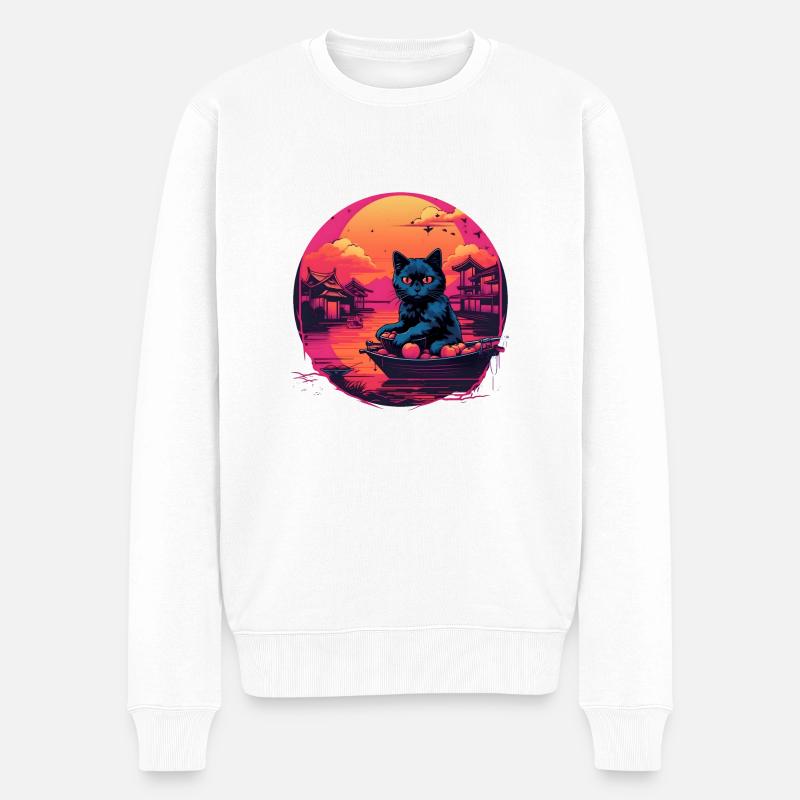 Synthwave black Cat - Männer Premium Bio Pullover - Weiß