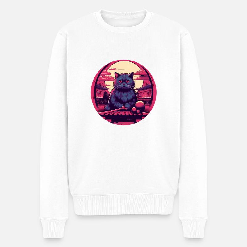 Synthwave japan Cat - Pull Premium bio Homme - blanc