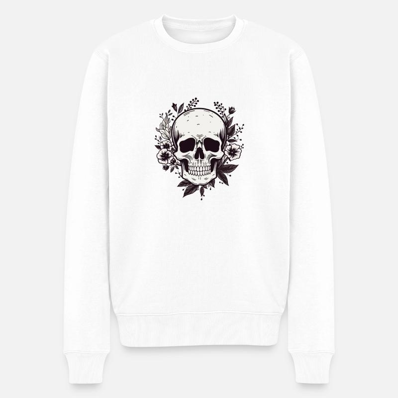 weißer Totenschädel mit Blumenkranz - Männer Premium Bio Pullover - Weiß