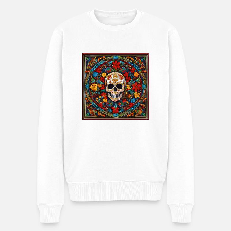 Totenschädel mit Blumen im Mandala Style - Männer Premium Bio Pullover - Weiß