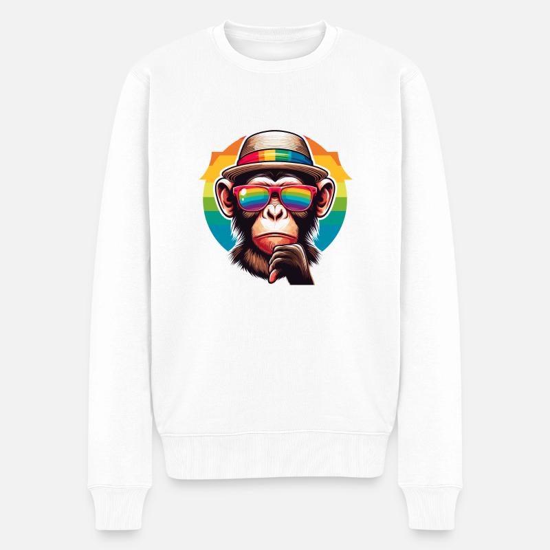 Verspielter Affe mit Hut und Regenbogen-Sonnenbril - Männer Premium Bio Pullover - Weiß