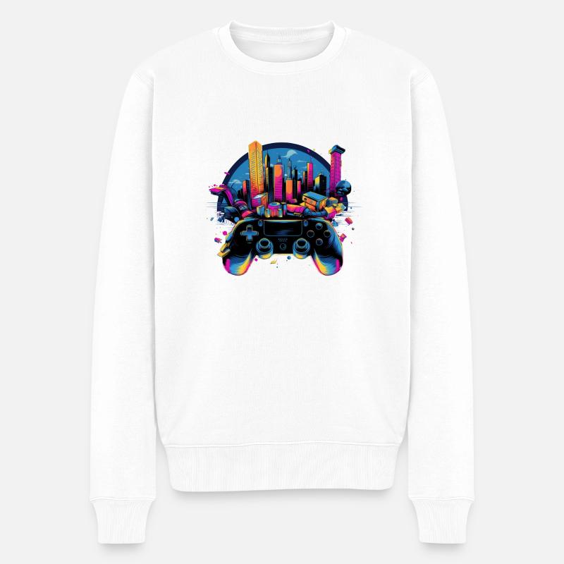 Gaming Universe: Controller & Cityscape Art - Männer Premium Bio Pullover - Weiß