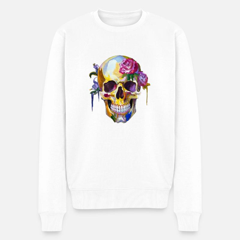 Totenkopf mit bunten Blumen - Männer Premium Bio Pullover - Weiß