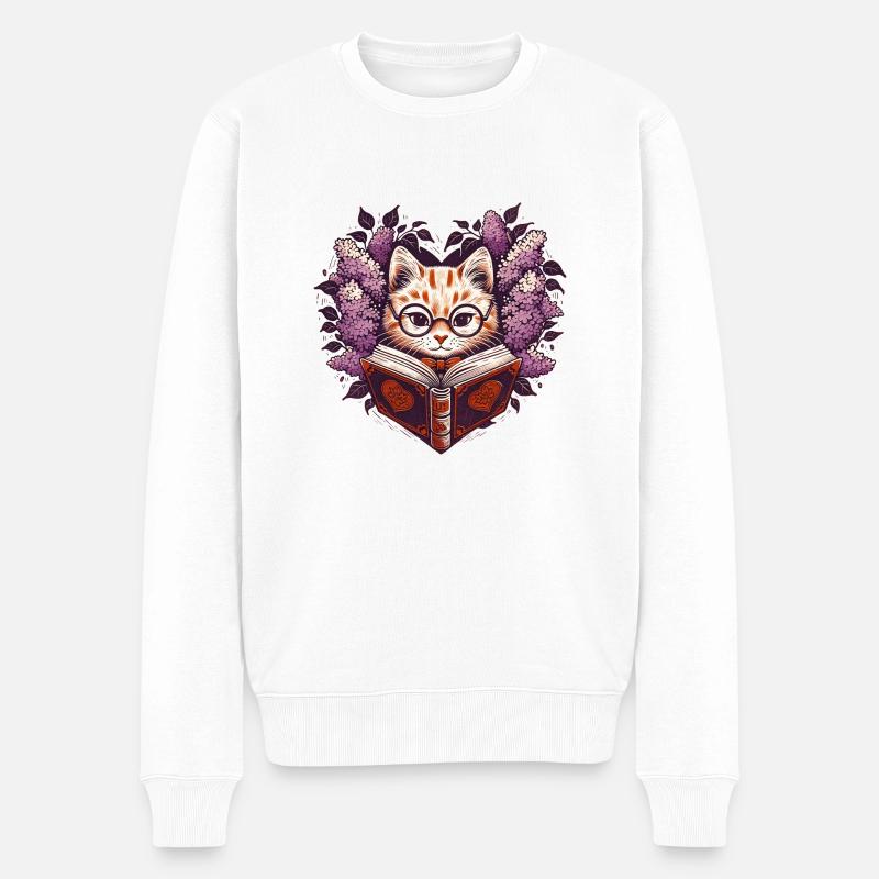 Lesende Katze - Männer Premium Bio Pullover - Weiß