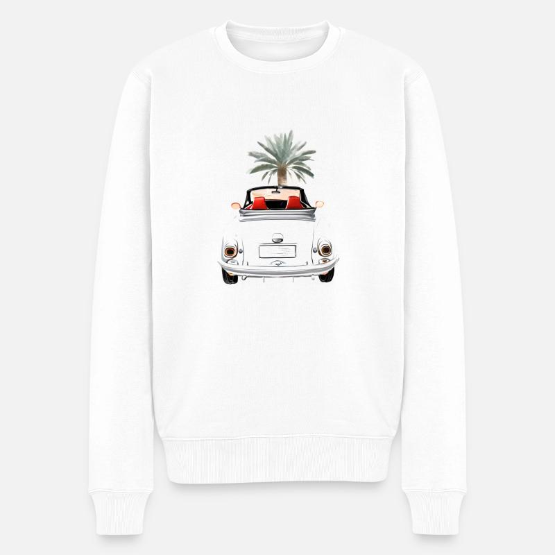 Cabrio im Sommer mit Palme Cabriolet Fahrspaß - Männer Premium Bio Pullover - Weiß