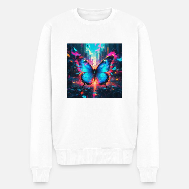 Neon Blauer Morphofalter Schmetterling - Männer Premium Bio Pullover - Weiß