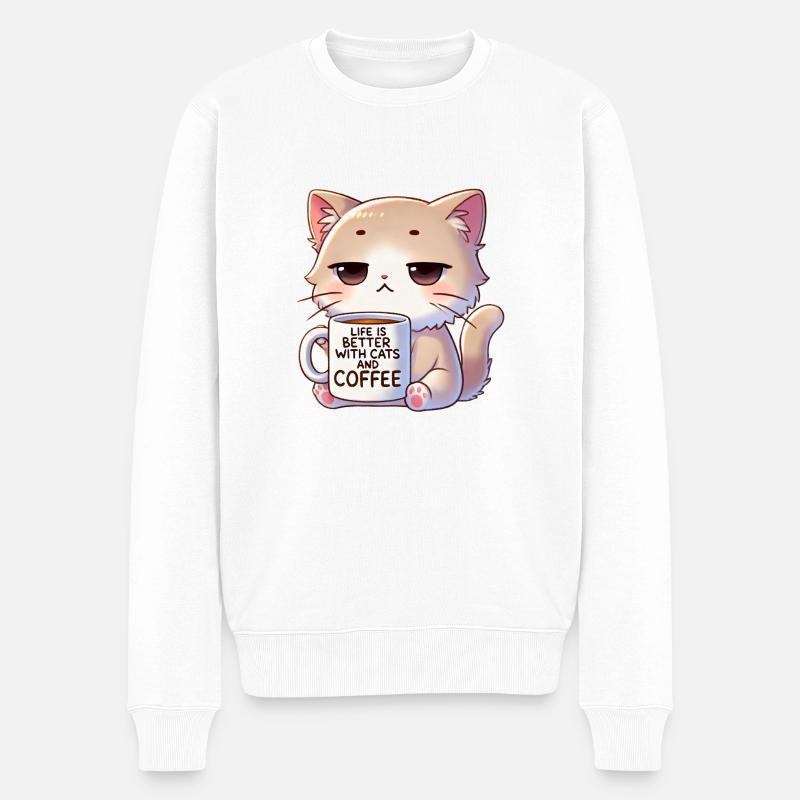 Katze Mit Kaffe - Männer Premium Bio Pullover - Weiß