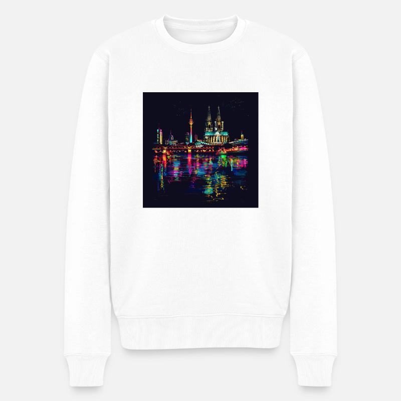 Kölner Dom Stadt Skyline Nacht schwarz Neon - Männer Premium Bio Pullover - Weiß