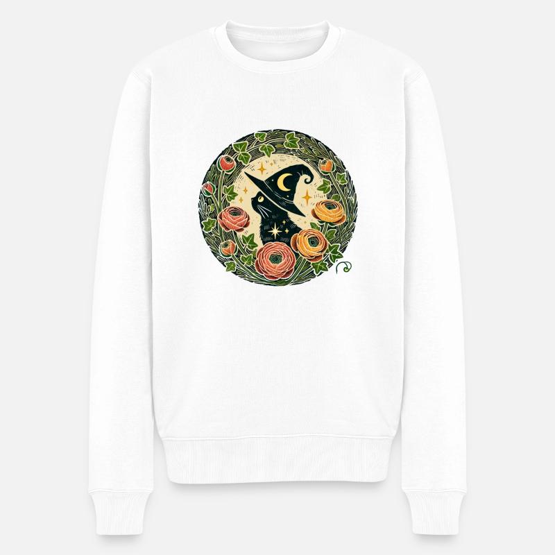 Schwarze Katze Zauberer - Männer Premium Bio Pullover - Weiß