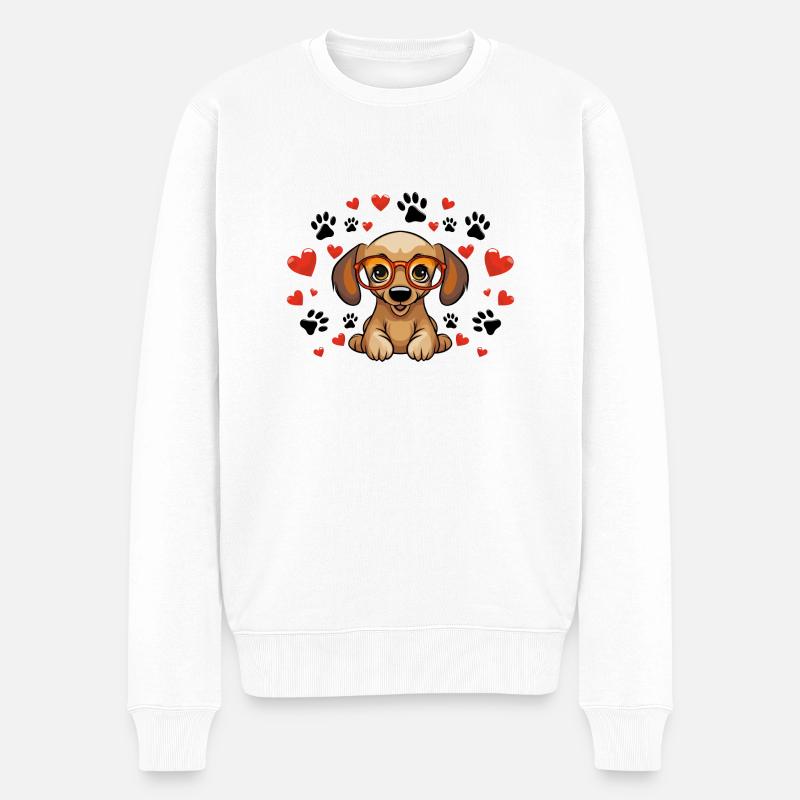Teckel avec lunettes, empreintes de cœur et de pattes - Pull Premium bio Homme - blanc