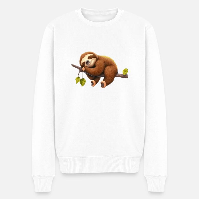 Schlafendes Faultier liegt auf einem Ast - Männer Premium Bio Pullover - Weiß