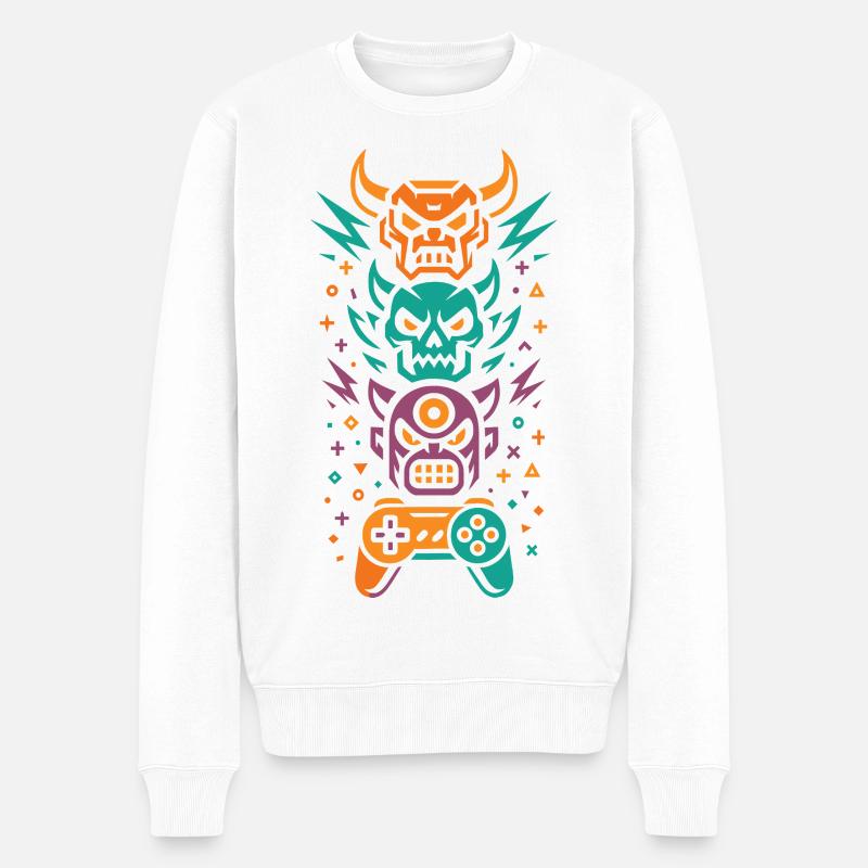 Neon Gamer Totem | Controller & Totenkopf - Männer Premium Bio Pullover - Weiß