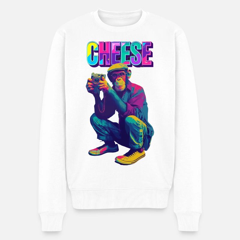 Cheese! Affe mit Kamera im Neon Pop-Art Stil - Männer Premium Bio Pullover - Weiß