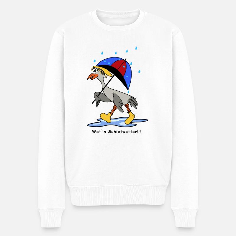 Möwe mit Schirm geht im Regen zum Strand? - Männer Premium Bio Pullover - Weiß