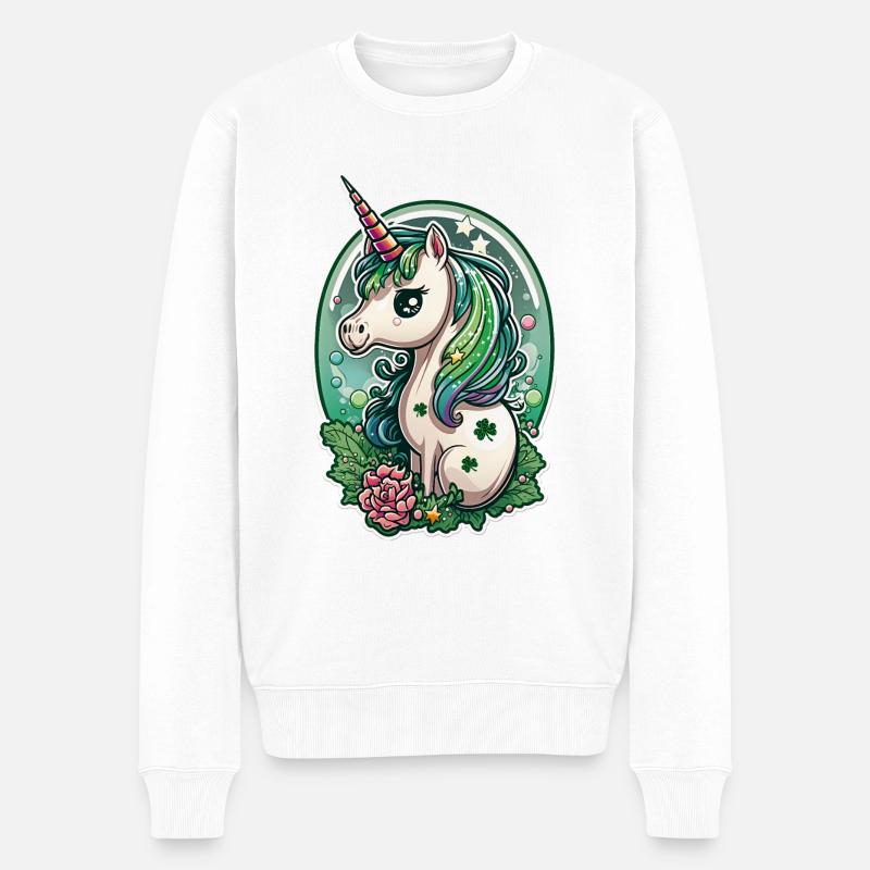 Einhorn mehrfarbige Blumen Kleeblatt Glücksparty - Männer Premium Bio Pullover - Weiß