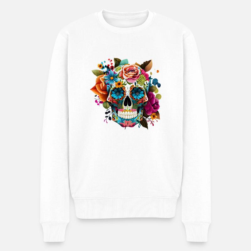 Totenkopf Blumen Bunt - Männer Premium Bio Pullover - Weiß