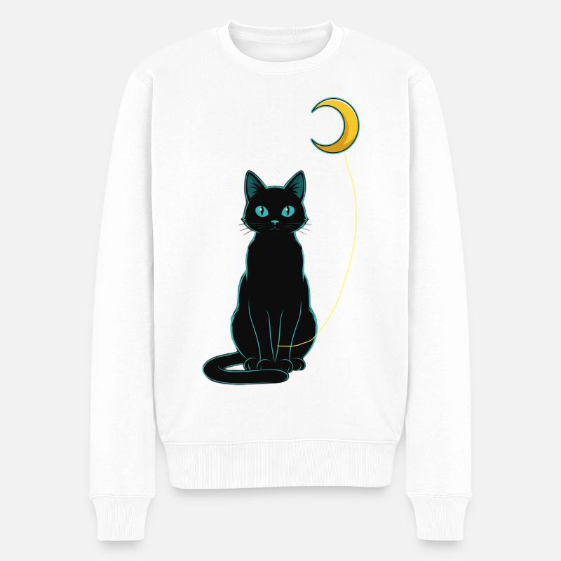 Schwarze Katzennacht mit Mondballon - Männer Premium Bio Pullover - Weiß