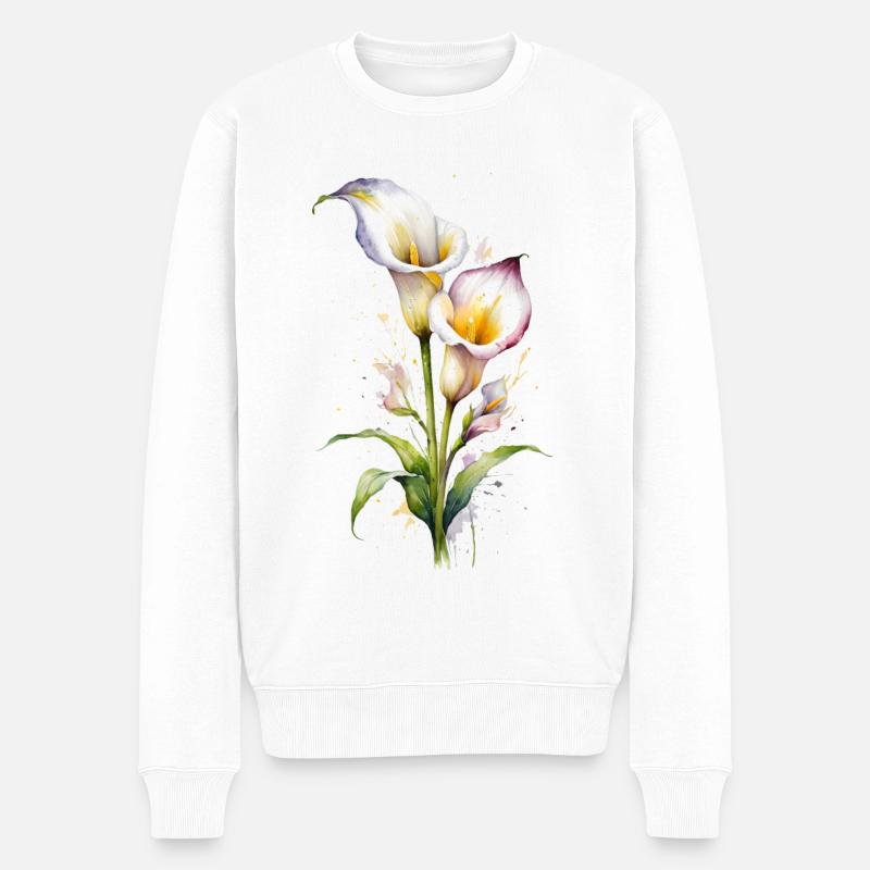 Aquarell-Eleganz: Die Calla-Lilie - Männer Premium Bio Pullover - Weiß