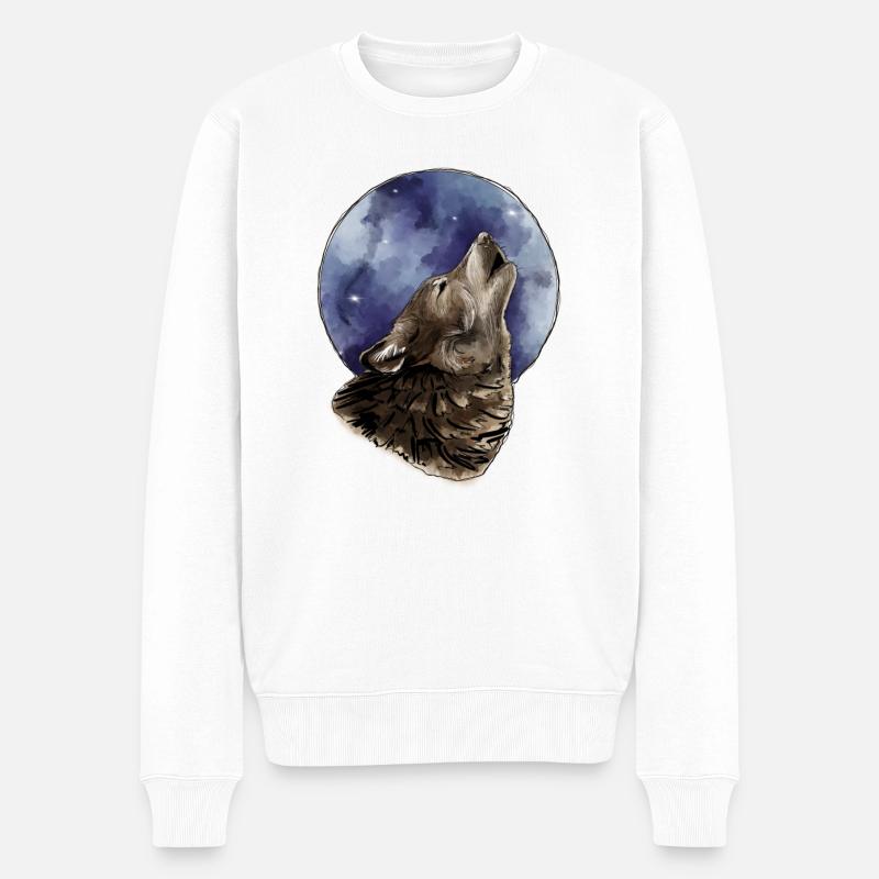 Wolf und Mond - Männer Premium Bio Pullover - Weiß