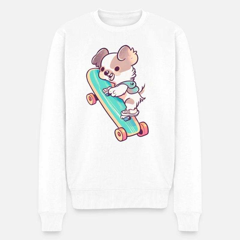 Un chien sur une planche à roulettes - Pull Premium bio Homme - blanc