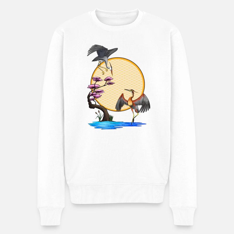 Hérons - Japon - Soleil - élégance - Pull Premium bio Homme - blanc