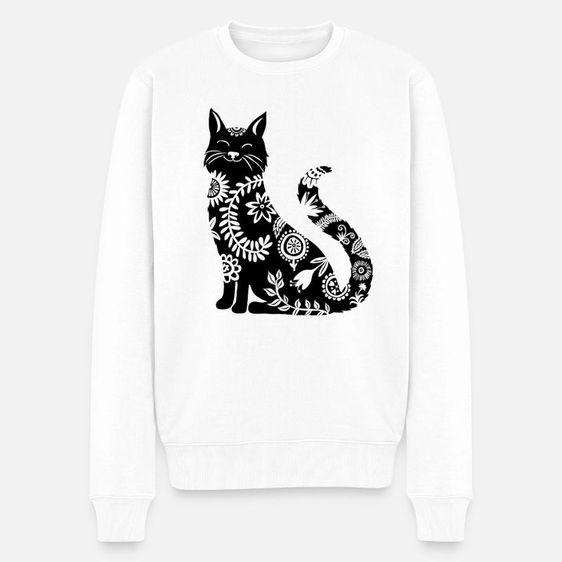 schwarze Katze mit Blumenmuster - Männer Premium Bio Pullover - Weiß