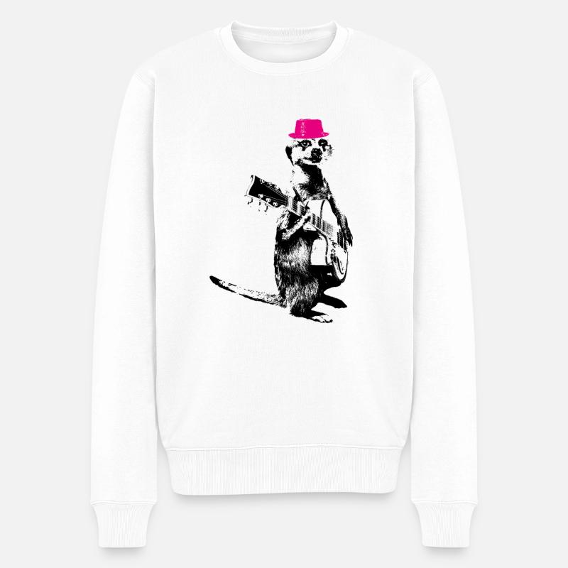 Meerkat Guitarplayer Magenta Hat - Männer Premium Bio Pullover - Weiß