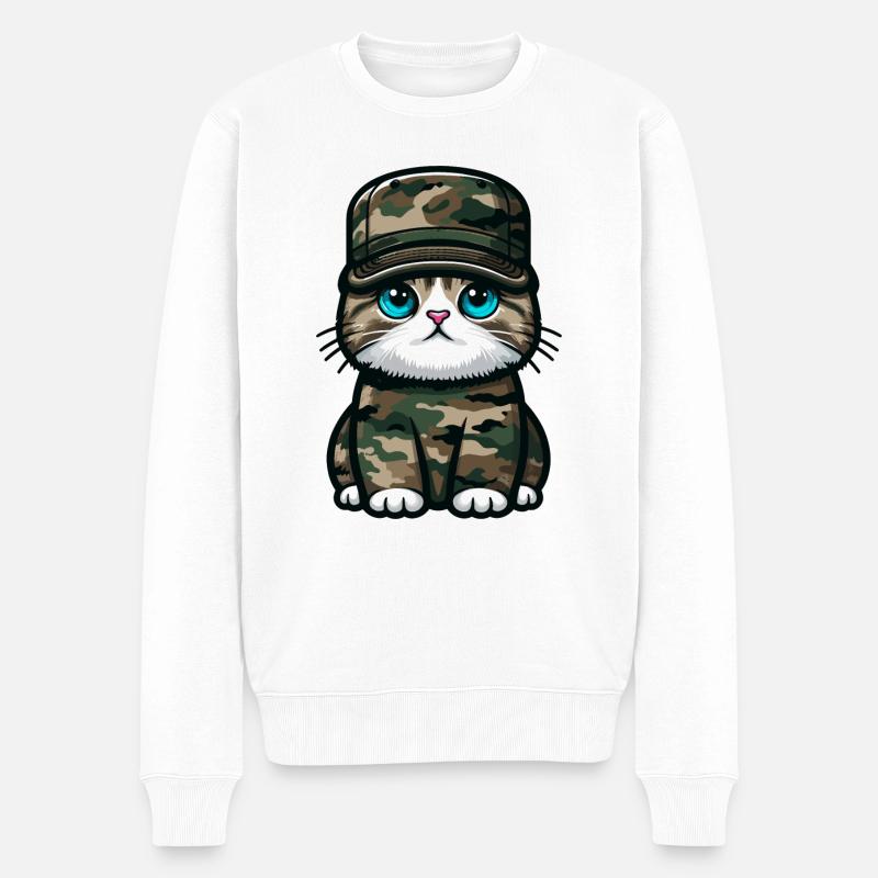 Katze in Militäruniform - Männer Premium Bio Pullover - Weiß