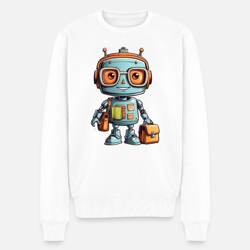 Kleiner Roboter mit Schultasche erster Schultag - Männer Premium Bio Pullover - Weiß