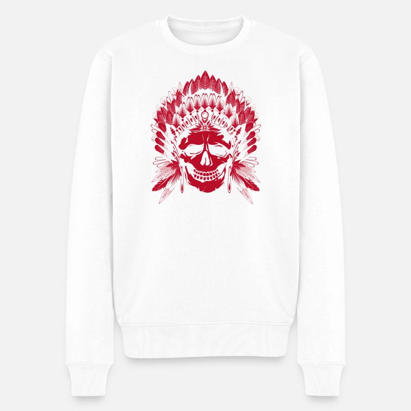 roter Totenkopf mit Kopfschmuck eines Häuptlings - Männer Premium Bio Pullover - Weiß