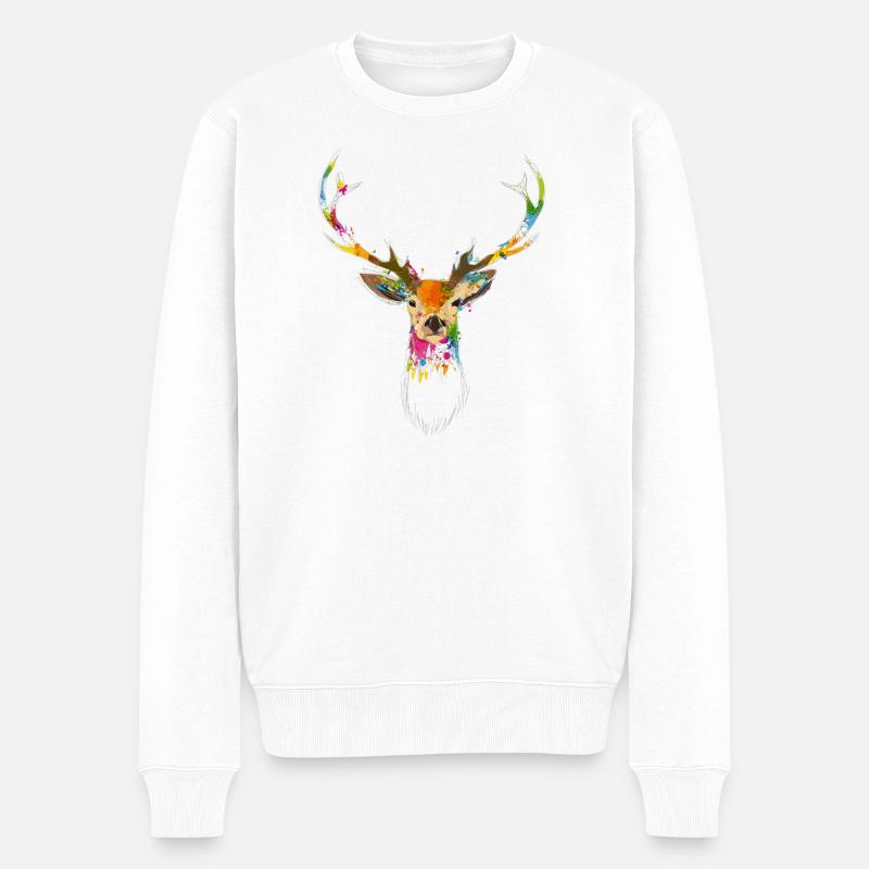 Bunter Hirschkopf – Aquarell & Graffiti Design - Männer Premium Bio Pullover - Weiß