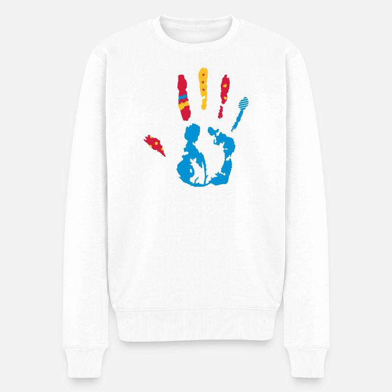 bunter Handabdruck mit verschiedene Formen - Männer Premium Bio Pullover - Weiß
