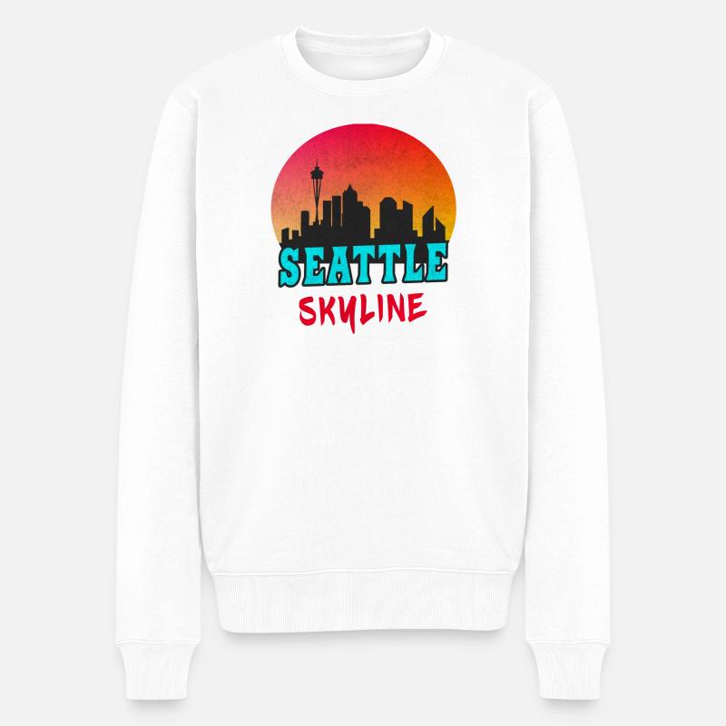 Seattle Skyline im Sonnenuntergang / Geschenk - Männer Premium Bio Pullover - Weiß