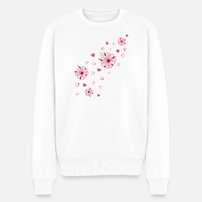 Fliegende Kirschblüten mit Herzen Sakura Frühling - Männer Premium Bio Pullover - Weiß