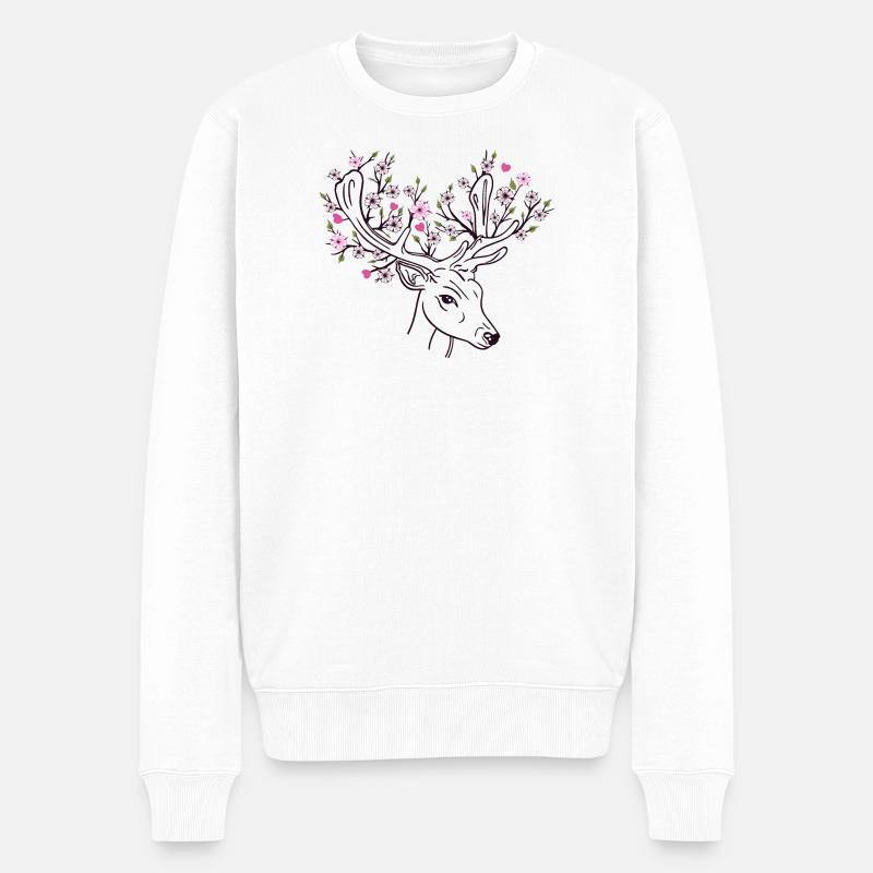 Hirschgeweih Hirsch Blüten Blumen Floral Frühling - Männer Premium Bio Pullover - Weiß