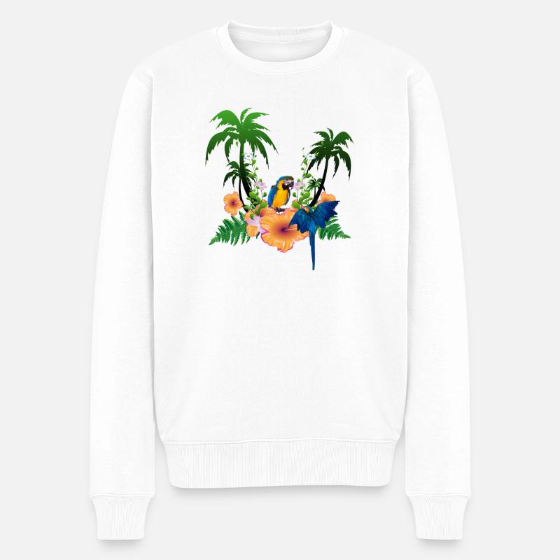 Design tropical avec des palmiers et des perroquets. - Pull Premium bio Homme - blanc
