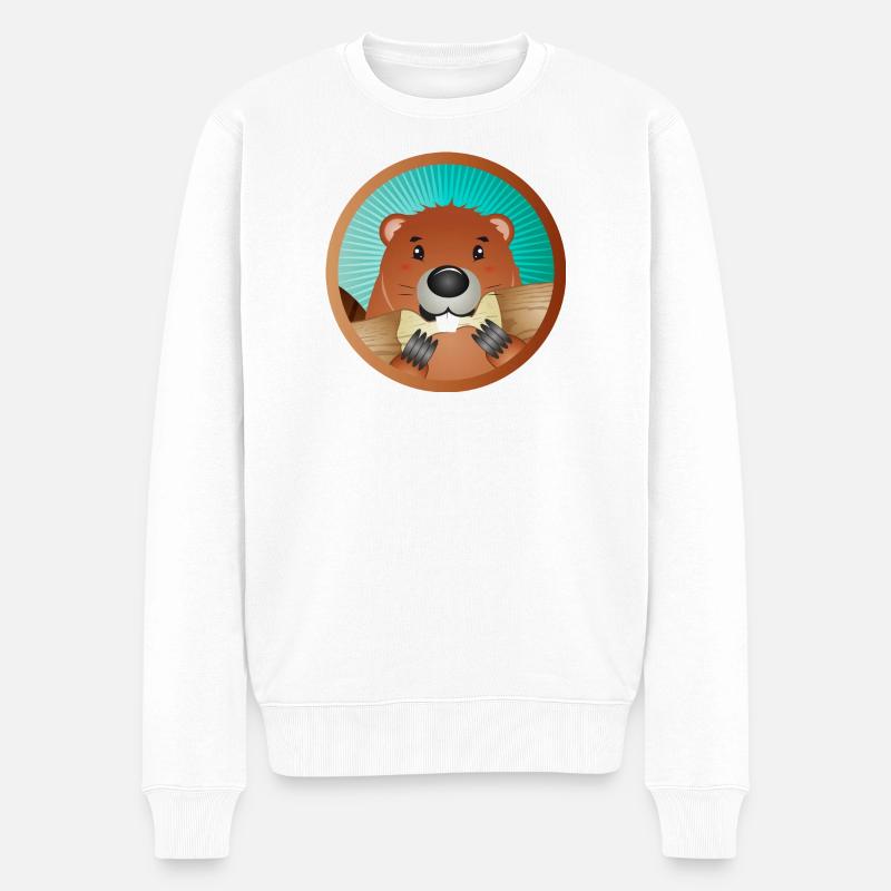 niedliches Nagetier Patch - Biber knabbert am Holz - Männer Premium Bio Pullover - Weiß