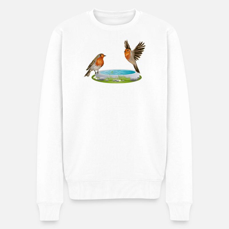 Vogeltränke mit zwei vergnügten Rotkehlchen - Männer Premium Bio Pullover - Weiß