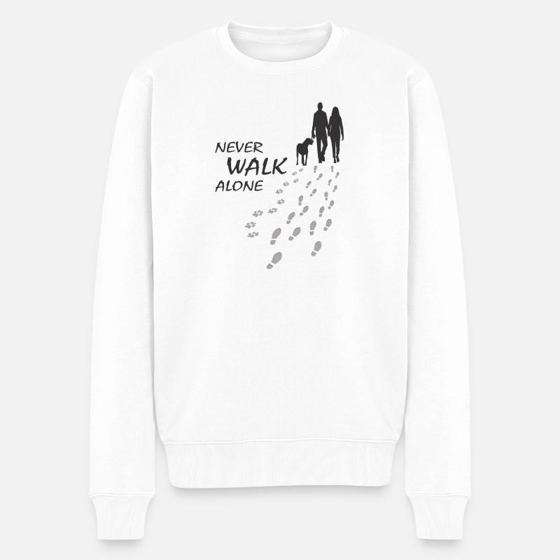 Hund - NEVER WALK ALONE, Mann Frau, Gassi - Männer Premium Bio Pullover - Weiß
