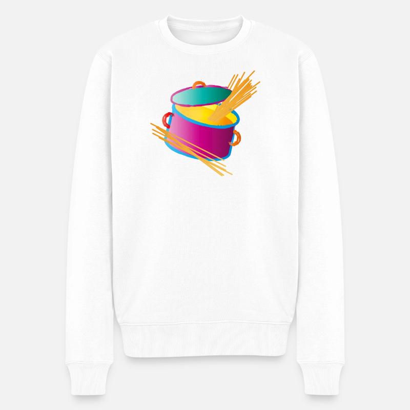 knallig bunter Kochtopf mit Deckel und Spaghetti - Männer Premium Bio Pullover - Weiß